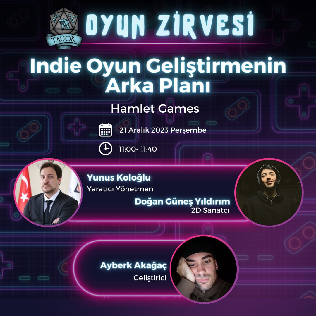 Türk-Alman Üniversitesi Oyun Zirvesi'nde Hamlet Games ekibinden Yaratıcı Yönetmen Yunus Koloğlu, 2D Sanatçı Doğan Güneş Yıldırım ve Geliştirici Ayberk Akağaç "Indie Oyun Geliştirmenin Arka Planı" isimli oturumda deneyimlerini bizimle paylaşacaklar! 🎉

biletimgo.com/etkinlik/turk-…