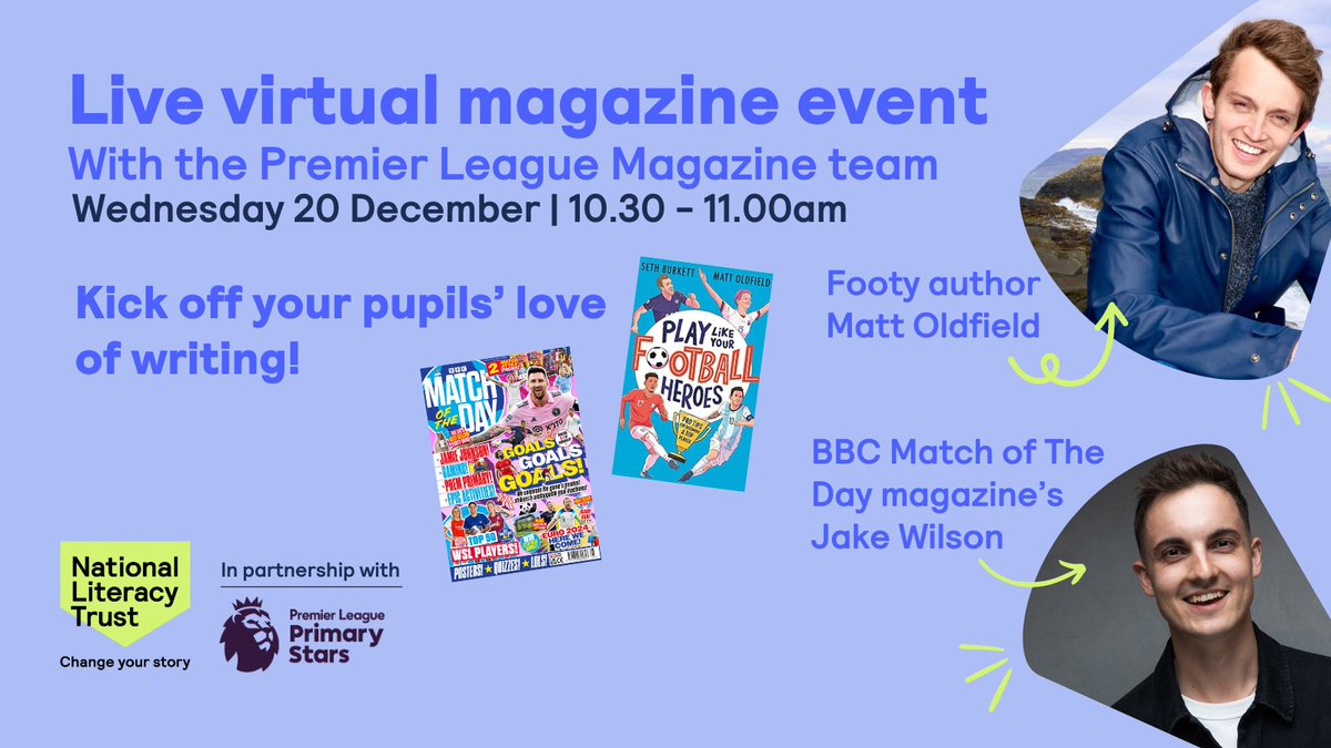 There’s still time to sign up for our virtual Premier League Magazine Team event next week. @footieheroesbks and @motdmag will help students learn how to write their own articles as if they were footy journalists! @PLCommunities Sign up: literacytrust.org.uk/events/premier…