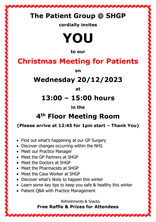 Alert: For WEDNESDAY - Fraser & Graham, Co-Chairs of #PatientGroup invite the patients at #StreathamHillGroupPractice to attend our Xmas Meeting - please arrive promptly as we have an action packed interesting & informative agenda. 
#PG #SHGP #StreathamHillGP #PPG @keepnhspublic