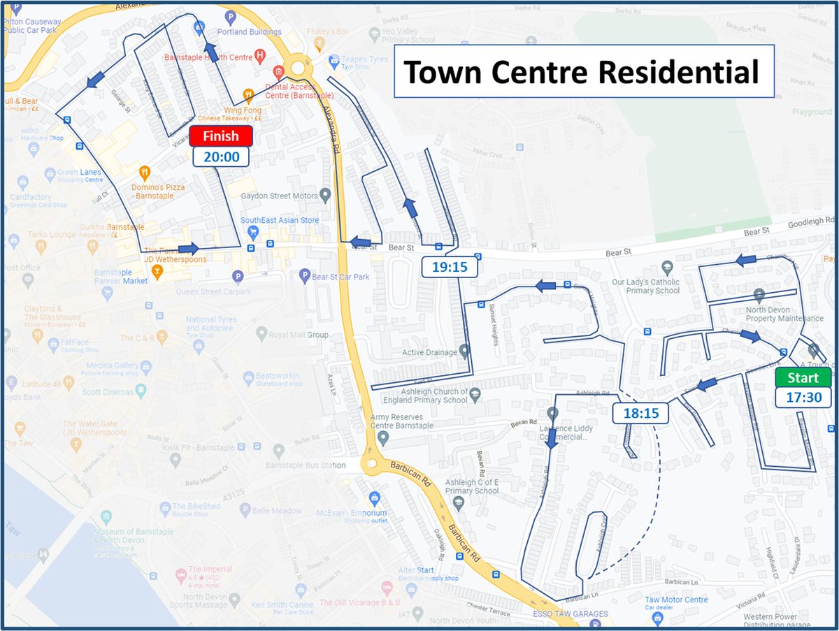 BarnstapleRT's tweet photo. Today Santa’s route with his sleigh and his trusty helpers are in Town Centre Residential, starting at 5:30pm. 
See the map below to work out what time he will pass your area.
🎅🛷

To track Santa: https://t.co/DAv9VzJpxH

To donate: https://t.co/0TkJ3kYMNR https://t.co/3VRLWjwAhb