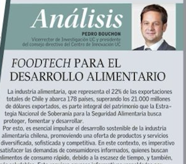 CentroinnovaUC's tweet photo. "Es esencial impulsar el desarrollo sostenible de la industria alimentaria chilena, promoviendo una oferta de productos y servicios diversificada, sofisticada y competitiva", dice el #VicerrectorUC, @pedrobouchon en su columna publicada en @ElMercurio_cl

https://t.co/e6jet7AOZ2 https://t.co/Pm30tO5WZg