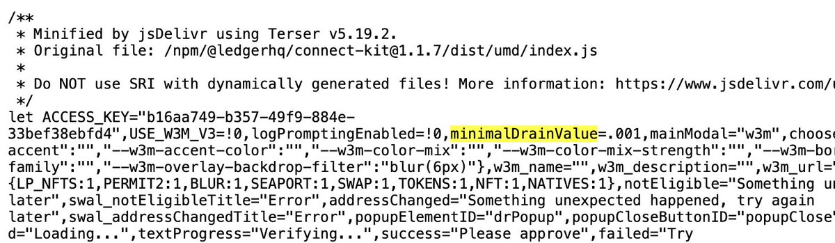 🚨 ledger library confirmed compromised and replaced with a drainer. wait out interacting with any dapps till things become clearer. cdn.jsdelivr.net/npm/@ledgerhq/…