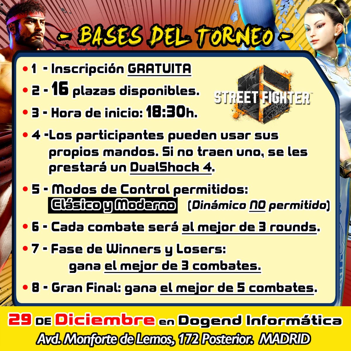 Dogendinfo's tweet photo. Incluso en las peleas debe haber reglas. Aquí os dejamos las bases del #torneo de #StreetFighter6 con el que celebraremos los seis años de #DogendInformatica. Y que sería de un torneo sin premio...
#torneoDogend #ViernesEnDogend #SF6 #StreetFighter #BarrioDelPilar https://t.co/Tj3VD8qzdz