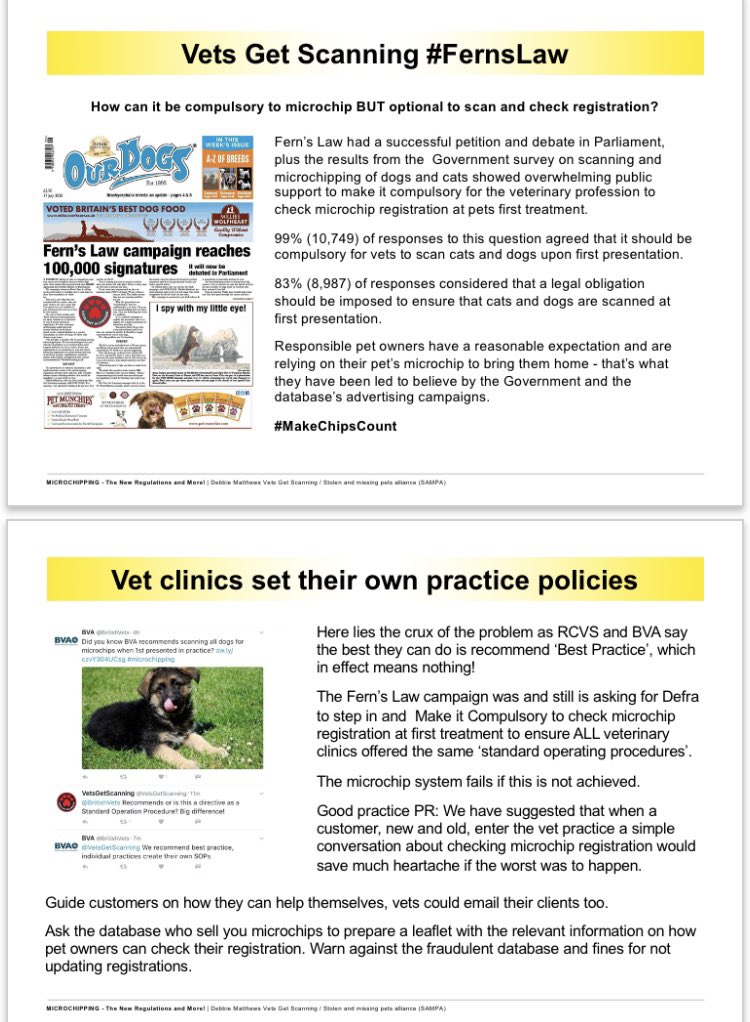 VetsGetScanning's tweet photo. Our campaign to make it compulsory for the #VetTeam to check microchip registration at 1st treatment is still in the hands of @DefraGovUK If your dog or cat was sold on would you want the veterinary clinic to check their registration?  Please #MakeChipsCount #FernsLaw #ScanMe https://t.co/CTflsWhtwO