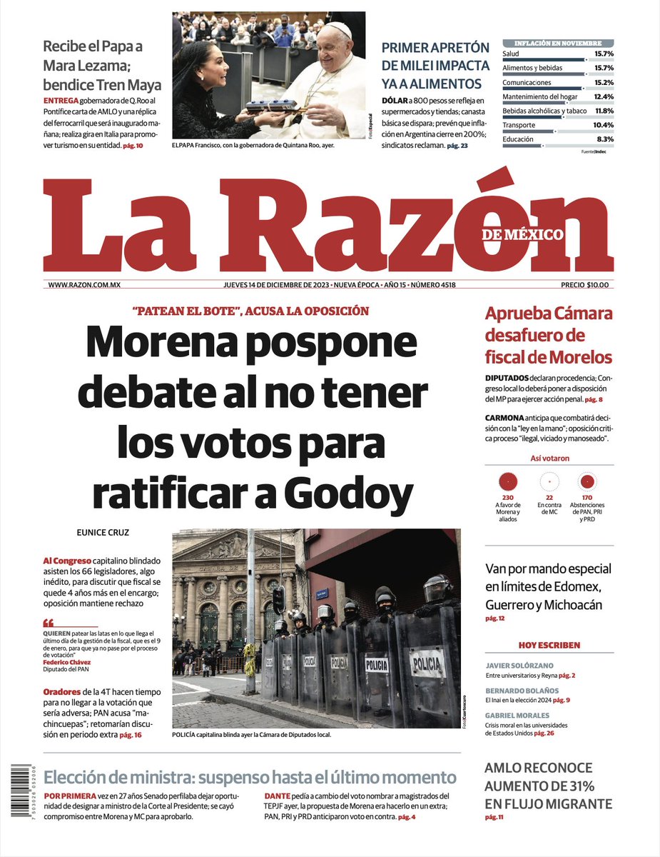 #FelizJueves | Comienza el día con información de #LaRazón: 

bit.ly/48gqT9p

🔴 Morena pospone debate al no tener los votos para ratificar a Godoy
🔴 Elección de ministra: suspenso hasta el último momento