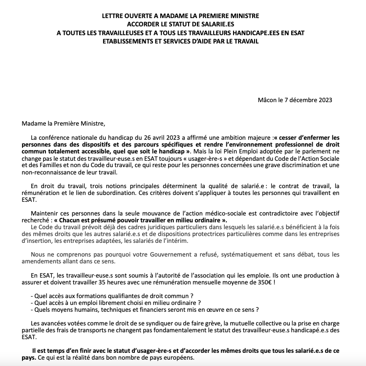 Thibault Petit (@thbptt) on Twitter photo C'est une premiĂšre. Dans une lettre envoyĂ©e Ă la PremiĂšre ministre, plusieurs organisations importantes demandent Ă <a href="/Elisabeth_Borne/">Ălisabeth BORNE</a> "d'en finir avec le statut dâusager en Esat et d'accorder les mĂȘmes droits que tous les salariĂ©s". Je la relaie ici : urlz.fr/oUR0 C'est une premiĂšre. Dans une lettre envoyĂ©e Ă la PremiĂšre ministre, plusieurs organisations importantes demandent Ă <a href="/Elisabeth_Borne/">Ălisabeth BORNE</a> "d'en finir avec le statut dâusager en Esat et d'accorder les mĂȘmes droits que tous les salariĂ©s". Je la relaie ici : urlz.fr/oUR0