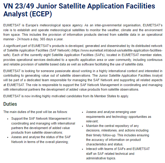 Consider starting a career at SAF Network Management @eumetsat ? The post of a Satellite Application Facility Analyst is still open until 8 January 2024.