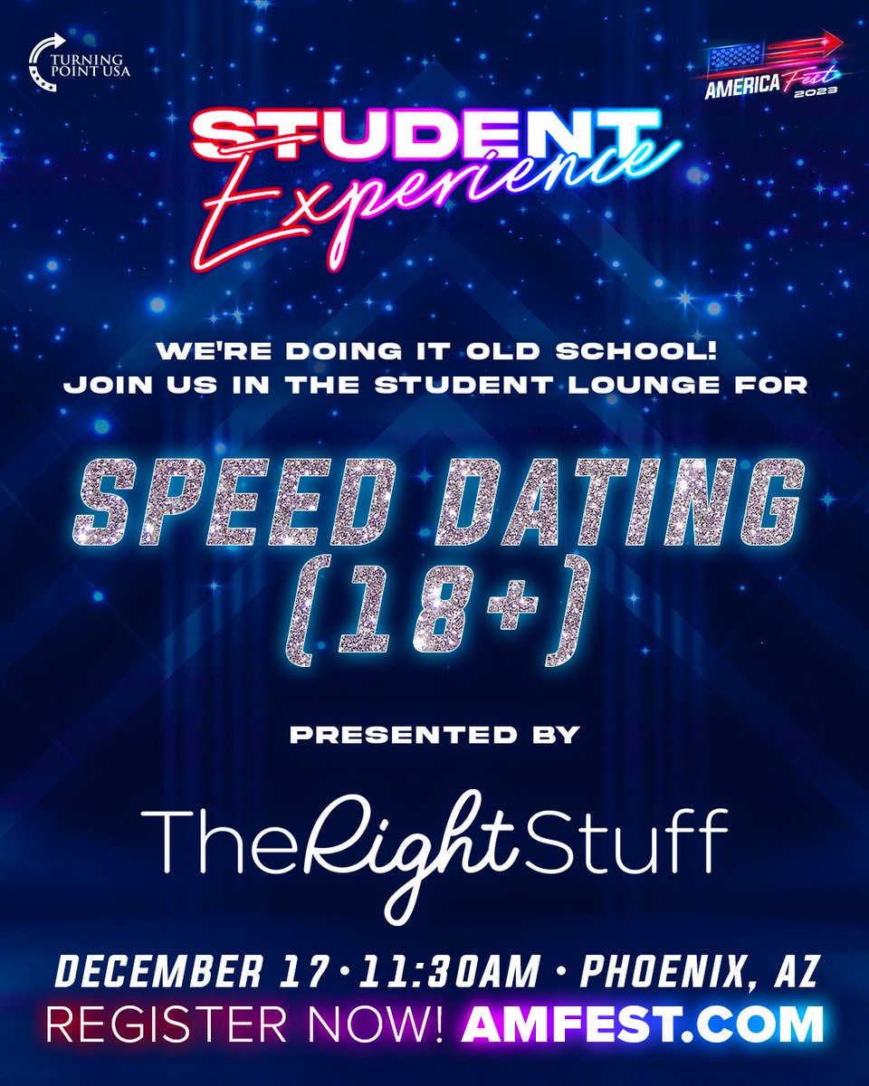 TPUSA Students (@tpusastudents) on Twitter photo Come & find the love of your life at #AMFEST2023
then...
Get Married.
Have Babies
Save America. 🇺🇸
conservative students + old school dating with
<a href="/daterightstuff/">The Right Stuff</a> ⚡️❤️
REGISTER NOW FOR $13 - use promo code STUDENTEXP amfest.com Come & find the love of your life at #AMFEST2023
then...
Get Married.
Have Babies
Save America. 🇺🇸
conservative students + old school dating with
<a href="/daterightstuff/">The Right Stuff</a> ⚡️❤️
REGISTER NOW FOR $13 - use promo code STUDENTEXP amfest.com