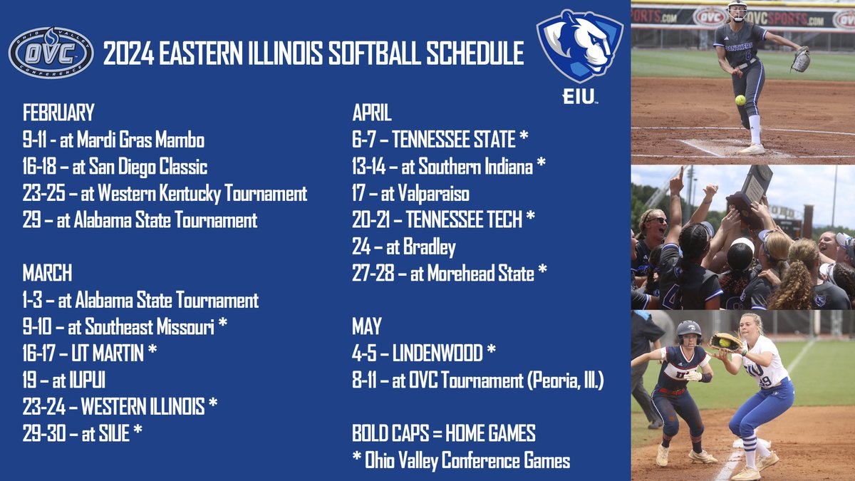 The <a href="/EIU_Softball/">Eastern Illinois Softball</a> team has released its 2024 schedule which has four in-season tournaments opening on Feb. 9 at the Mardi Gras Mambo.

EIU won the OVC Tournament title last year advancing to the NCAA 

Home opener is March 16

Schedule 🥎⬇️👀🗓️
eiupanthers.com/news/2023/12/1…