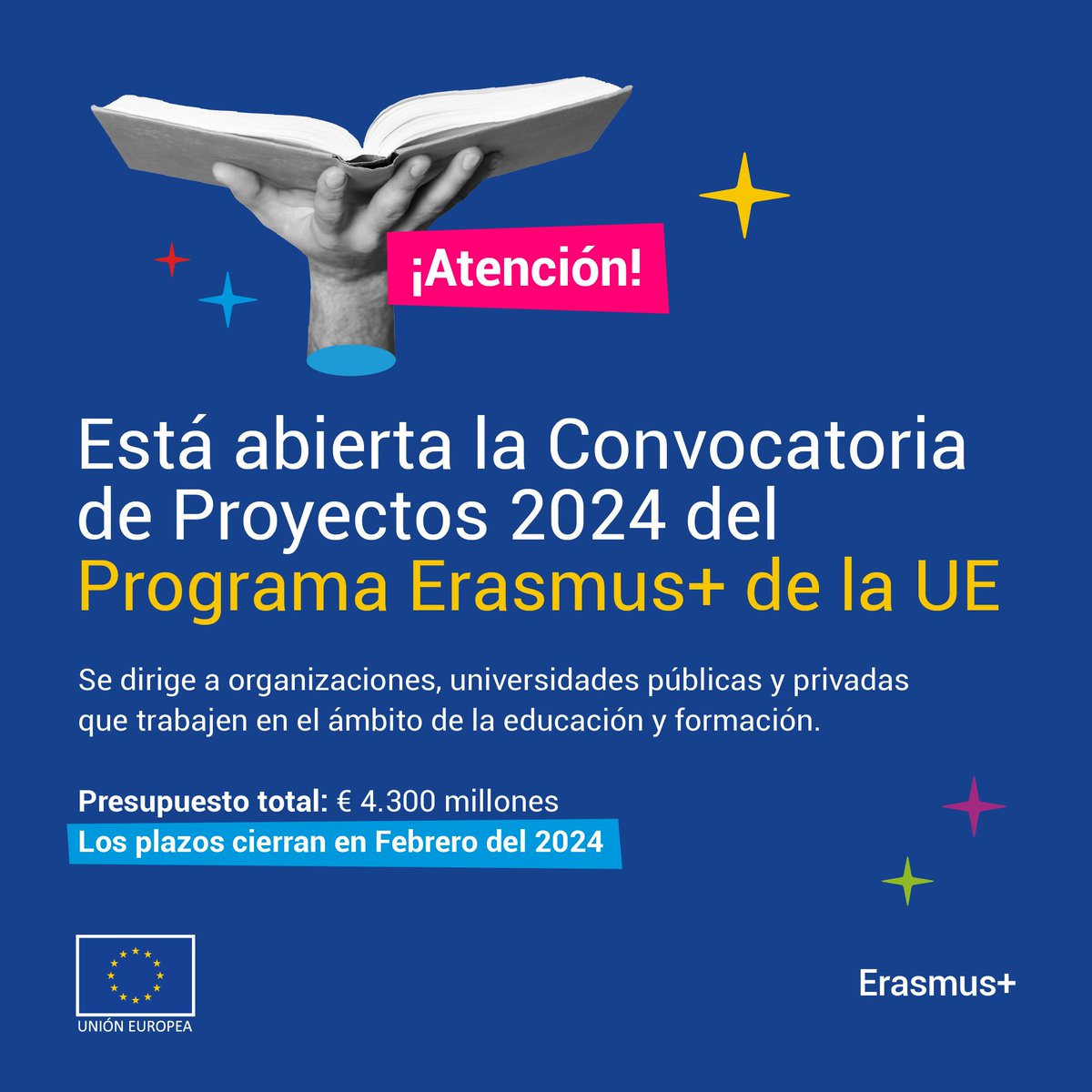 📢ATENCIÓN: La @ComisionEuropea abrió la convocatoria de proyectos de Erasmus+ 2024 🇪🇺📩 📂 Cualquier institución pública o privada que trabaje en el ámbito de la educación y formación, puede solicitar financiación de los € 4.300 millones presupuestados 🙌🏻🇵🇾