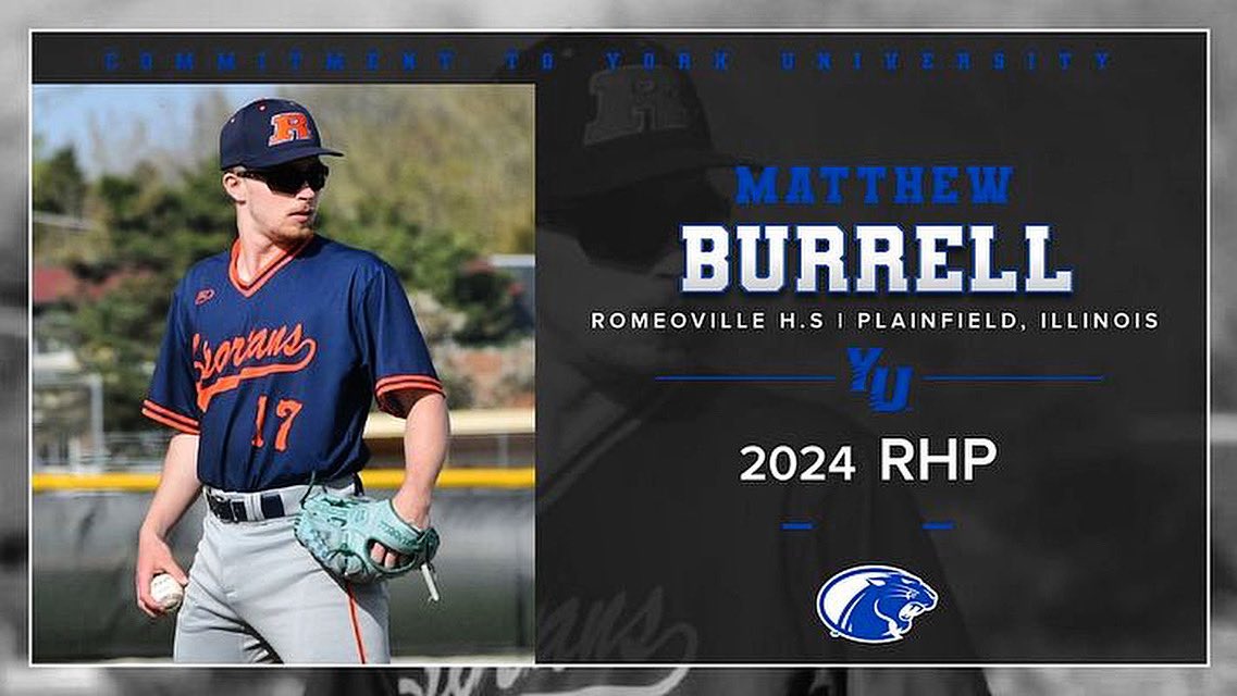 YU Panthers Baseball is excited to announce the signing of Matthew Burrell, a RHP from Romeoville, HS (IL). Welcome to the family!