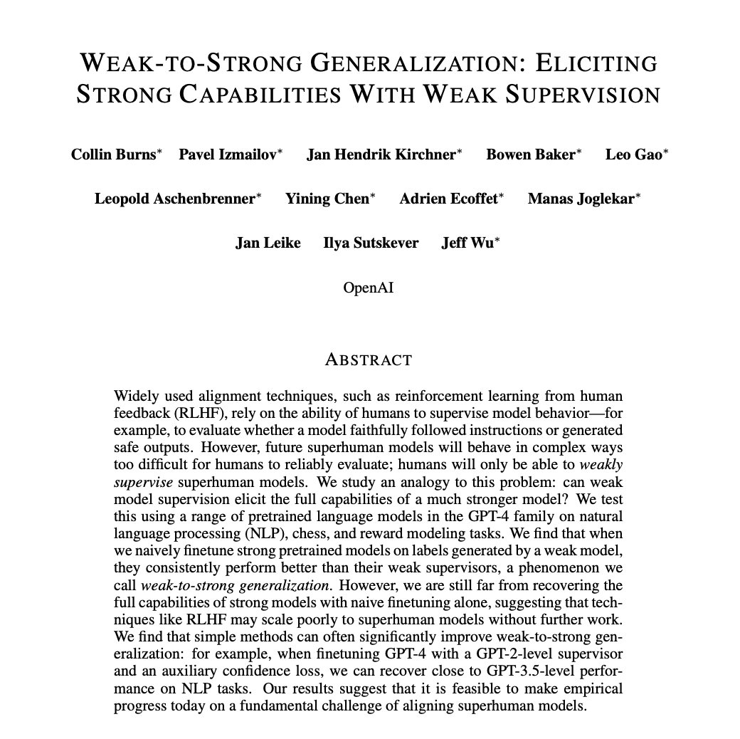 _akhaliq's tweet image. Open AI new paper

Weak-to-Strong Generalization: Eliciting Strong Capabilities With Weak Supervision

paper: cdn.openai.com/papers/weak-to…
blog: openai.com/research/weak-…

Widely used alignment techniques, such as reinforcement learning from human feedback (RLHF), rely on the ability of…