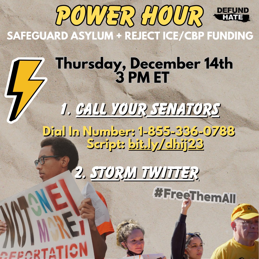 📢 Right now, @POTUS and members of Congress are negotiating away the right to seek asylum & giving billions of dollars to ICE and CBP to jail, surveil, & deport immigrant communities.⚡️Join us in a power hour on TODAY 12/14 at 3 PM ET! ➡️Take action: bit.ly/dhij23