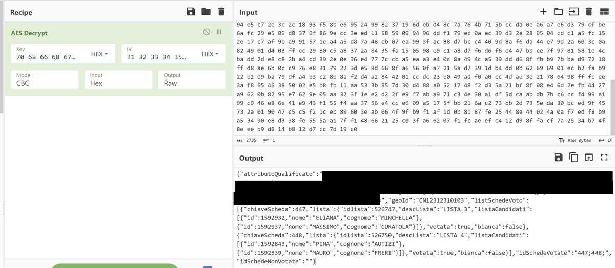 IHTeam_'s tweet photo. Le chiavi di crittografia usate dal browser per il voto, erano racchiuse nel JavaScript 'vote.js'. 

AES CBC era il metodo usato per la crittografia avente
IV: 1234567890123456 (stringa)
Key: pjfhgidaajjjhklameotpdkgotpeltsa (stringa) https://t.co/0XYuEBQGjf