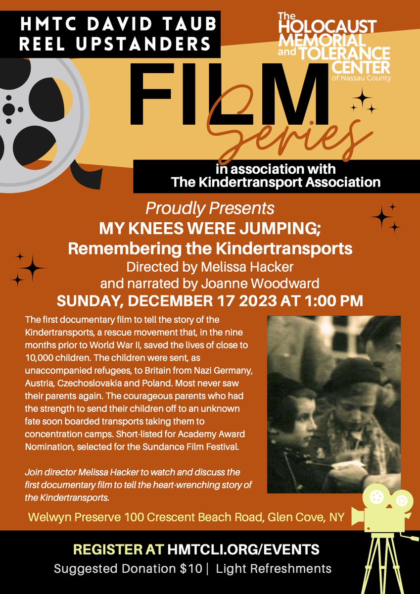 Sunday December 17, My Knees Were Jumping; Remembering the Kindertransports, the first documentary the on the Kindertransports, , shortlisted for Academy Award nom, screens at the Holocaust Memorial and Tolerance Center of Nassau County, with the filmmaker & special guests!