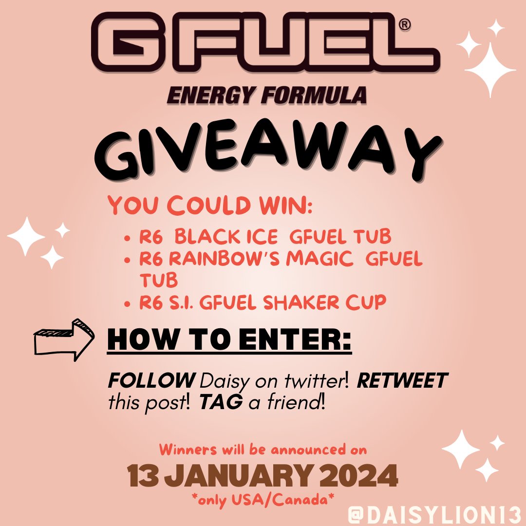 daisylion13's tweet image. ✨️GFuel GIVEAWAY✨️
Giving away R6 Black Ice tub + Rainbow Magic tub + R6 S.I. Shaker Cup!!

HOW TO ENTER:
-Follow: @daisylion13
-RT this post
-Tag a friend

Winner will be announced 13 January 2024.
*USA/Canada only*