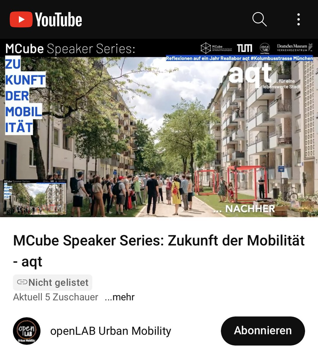 Benjamin Büttner (@ben_buettner) on Twitter photo Interesse an urbanen Transformationen und Straßenexperimenten?
AQT - Autoreduzierte Quartiere für reine lebenswerte Stadt <a href="/MCubeMUC/">MCube Cluster for the Future of Mobility</a>
Live stream: youtube.com/live/vwIlaBvSm… Interesse an urbanen Transformationen und Straßenexperimenten?
AQT - Autoreduzierte Quartiere für reine lebenswerte Stadt <a href="/MCubeMUC/">MCube Cluster for the Future of Mobility</a>
Live stream: youtube.com/live/vwIlaBvSm…