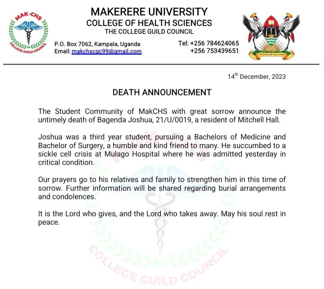 Another Soul stolen from us by #SickleCellDisease !! A doctor in the making 😔🙏🙏 Dr Bagenda Joshua. He's also has a Mitchellite, 🐁 @MitchellHallMAK MHSRIP @rkalyes1 @MakCHS_SOM @WarriorsClub5 @TackleSickle @uscrfuganda @ddanielroy @makchssa