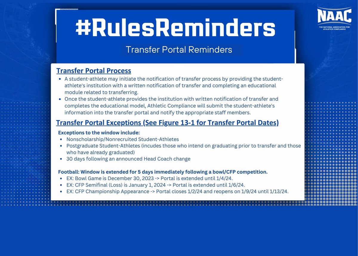 Check out these helpful #RulesReminders on the Transfer Portal to utilize when chatting with your coaches & SAs! #NAAC
