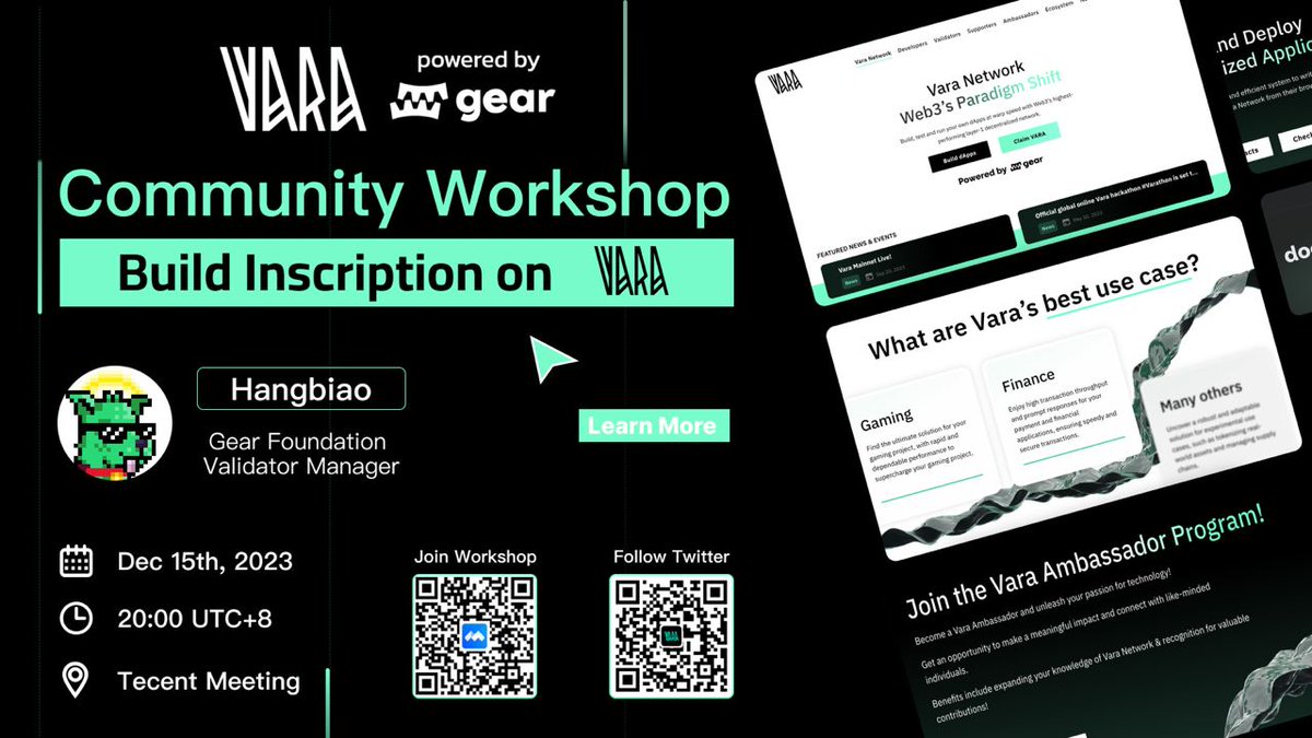 📣 Workshop Alert - Build Inscriptions on #VaraNetwork with @VaraNetwork_CN!

📅 Dec 15th
⏰ 20:00 UTC+8

🔍 Curious about the latest trending Inscription? Join the workshop for an in-depth exploration of building yours!

🎙 @trouble_solverr + @btwiuse
🔗 meeting.tencent.com/dw/pASNV9ErUBpk