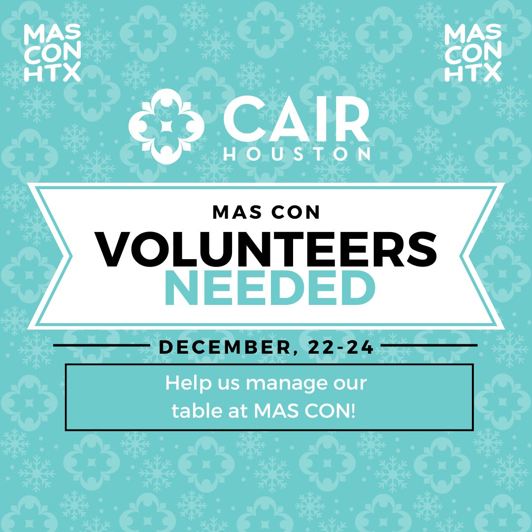 🌟 Exciting news! MAS Con is approaching, and we'd love your support next weekend. Join us as a volunteer and help spread the word about the impactful work of CAIR-Houston! Your involvement will make a positive difference! 🤝

#CAIRHoustonCares

Register: bit.ly/3NudkLz