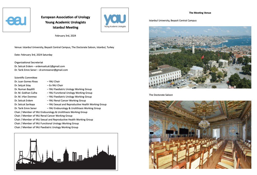 We are thrilled to announce that <a href="/EAUYAUrology/">EAU Young Academics</a> Istanbul meeting will be held in February 3rd, 2024 in Istanbul, Türkiye

We are looking forward to see you

Check <a href="/Uroweb/">European Association of Urology (EAU)</a> event calendar and meeting website for further details

uroweb.org/education-even…

yauistanbulmeeting2024.wordpress.com