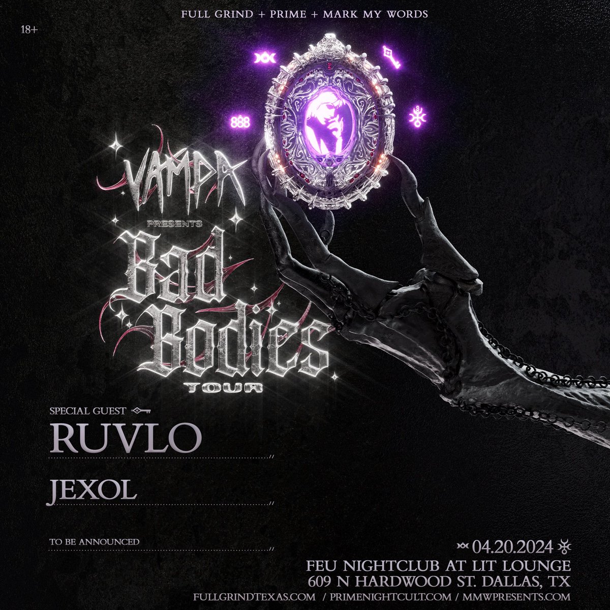 ANNOUNCING: VAMPA ‘Bad Bodies Tour’ 🥀 — Friday, February 9th, 2024 — Houston, TX • 9PM Music Venue Support by: SweetTooth + Soundwreck — Saturday, April 20th, 2024 — Dallas, TX • Feu Nightclub ( Lit Lounge ) Special Guest: Ruvlo + Jexol Tickets On-Sale Friday, Dec. 15th…