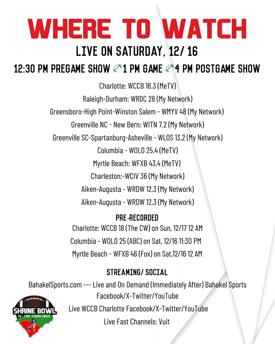 Wondering where you can catch the game? Check out this list and get ready!
#ShrineBowlOfTheCarolinas  #ShrineBowl #NC #SC #WhereToWatch