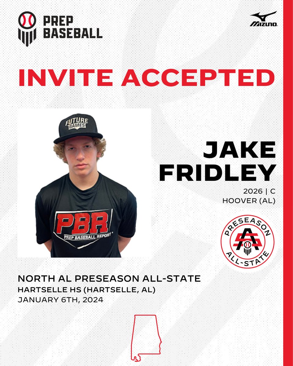#NALPAS24: 𝐈𝐧𝐯𝐢𝐭𝐞 𝐀𝐜𝐜𝐞𝐩𝐭𝐞𝐝 🎟️ + C Jake Fridley (@Hoover_Baseball, 2026) is 𝐋𝐎𝐂𝐊𝐄𝐃 𝐈𝐍 🔐 for the North AL Preseason All-State, held on Jan. 6th, 2024 at Hartselle HS. Request an invite at the link below. ⤵️ 🔗: loom.ly/shbMYzw // @FridleyJake