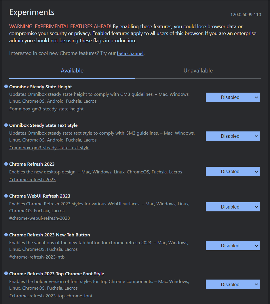 TheBobPony's tweet image. Don't like new redesign in Chrome?
Here's flags (chrome://flags) to revert back to the previous UI:
#omnibox-gm3-steady-state-height
#omnibox-gm3-steady-state-text-style
#chrome-refresh-2023
#chrome-webui-refresh-2023
#chrome-refresh-2023-ntb
#chrome-refresh-2023-top-chrome-font