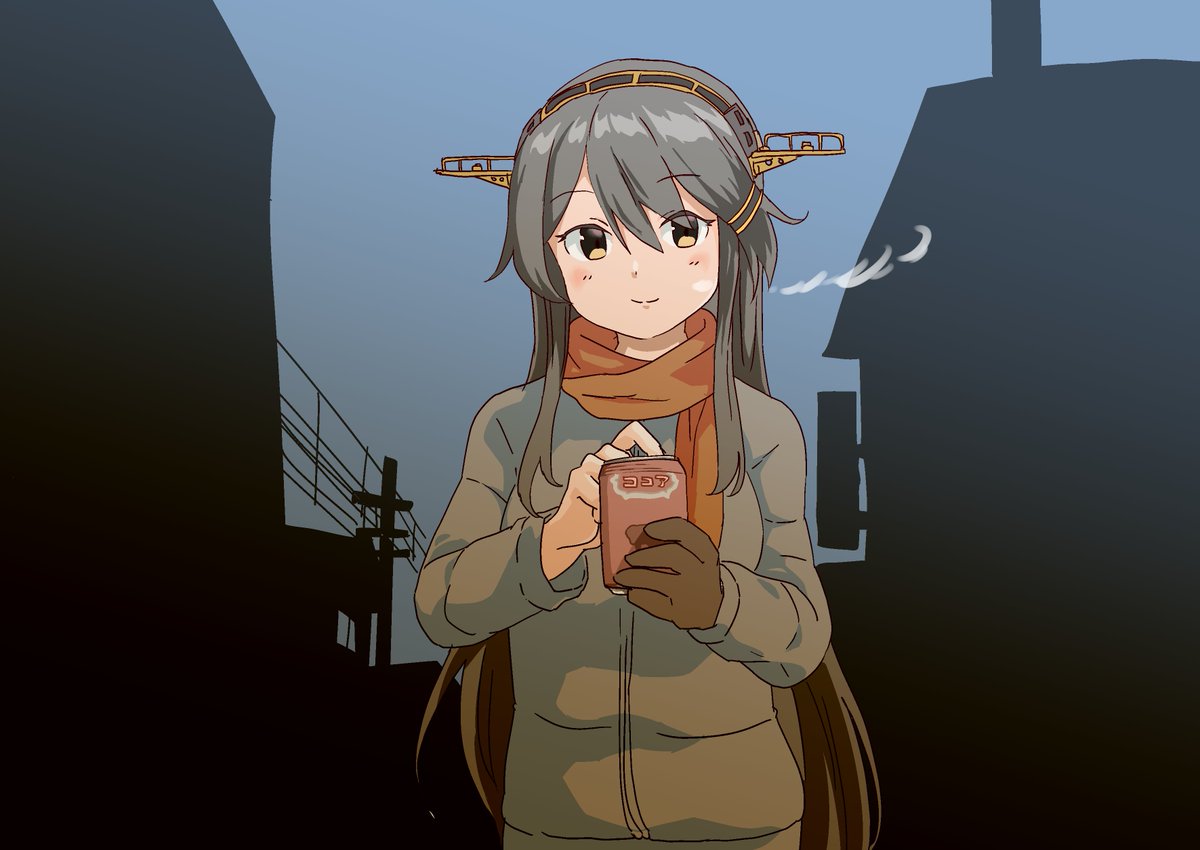 haruna (kancolle) 1girl long hair solo scarf headgear brown eyes can  illustration images
