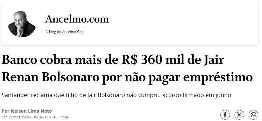 Banco cobra mais de R$ 360 mil de Jair Renan Bolsonaro por não pagar  empréstimo