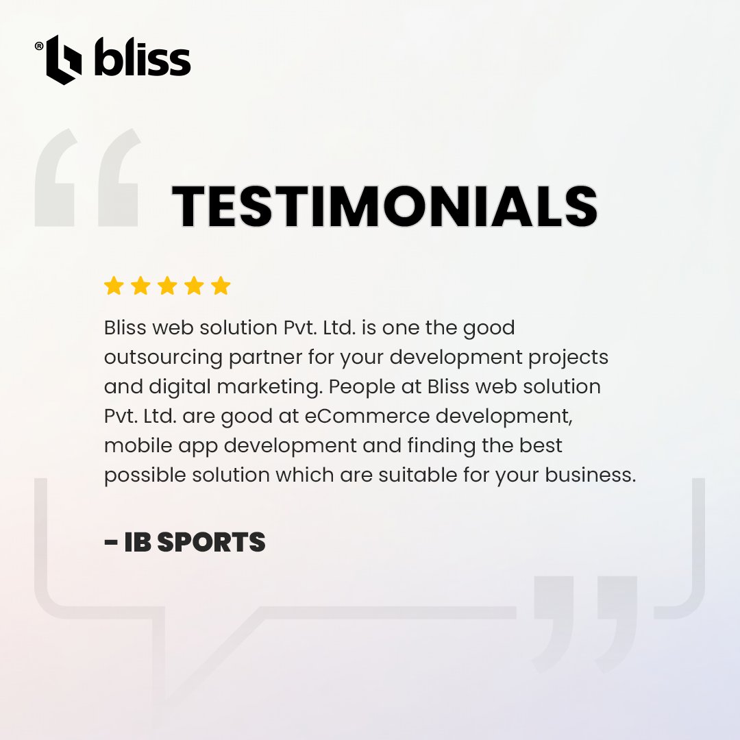 Shoutout to IB SPORTS for the stellar review! 🌟 Your success is our mission. #CustomerSatisfaction  #blisswebsolution #bestdevelopers #codingchallenge #ecommerceappdesignanddevelopment #ecommercetips #clientreview #teamworkwins #CompanySuccess #clienttestimonial