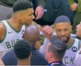 What is Dame Lillard thinking here as Giannis yells at Tyrese Haliburton to "Go get me the f***ing ball"?
