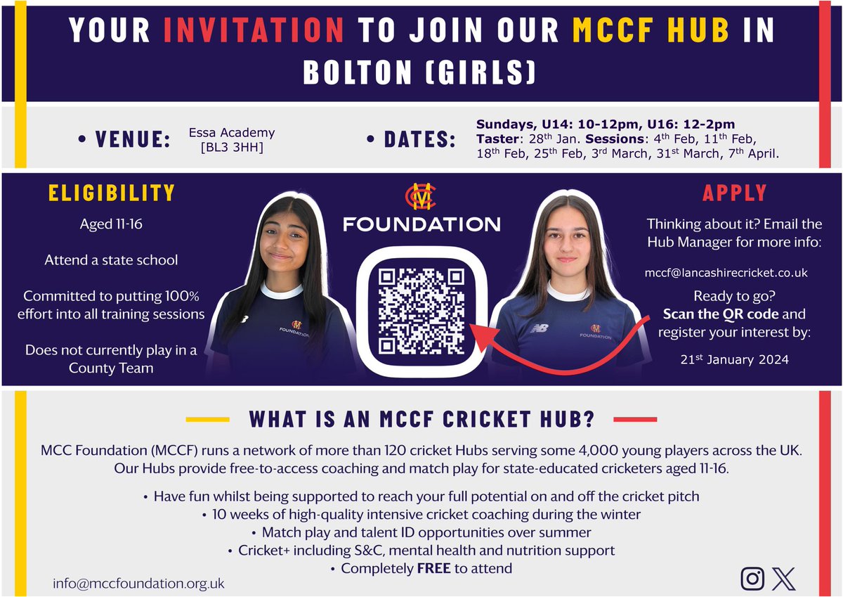 Limited places available for the @_MCCFoundation hubs in Bolton! 10 weeks of high-quality cricket coaching for girls aged 11-16 attending a state school! Register here👇 bit.ly/49QwXab @BoltonIndiansCC @LittleLeverCC @fsccc_cricket @Farnworthcc