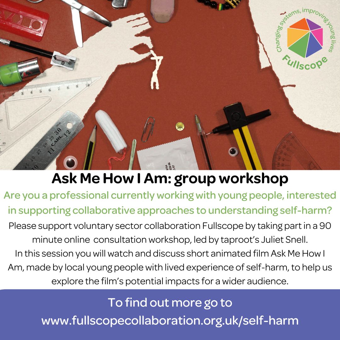 This year we worked with a group of young people to co-create a short film. We'd like to explore wider opportunities for access to the film but first we need to fully consider its potential impacts. Could you help us with this work? For more info go to fullscopecollaboration.org.uk/self-harm