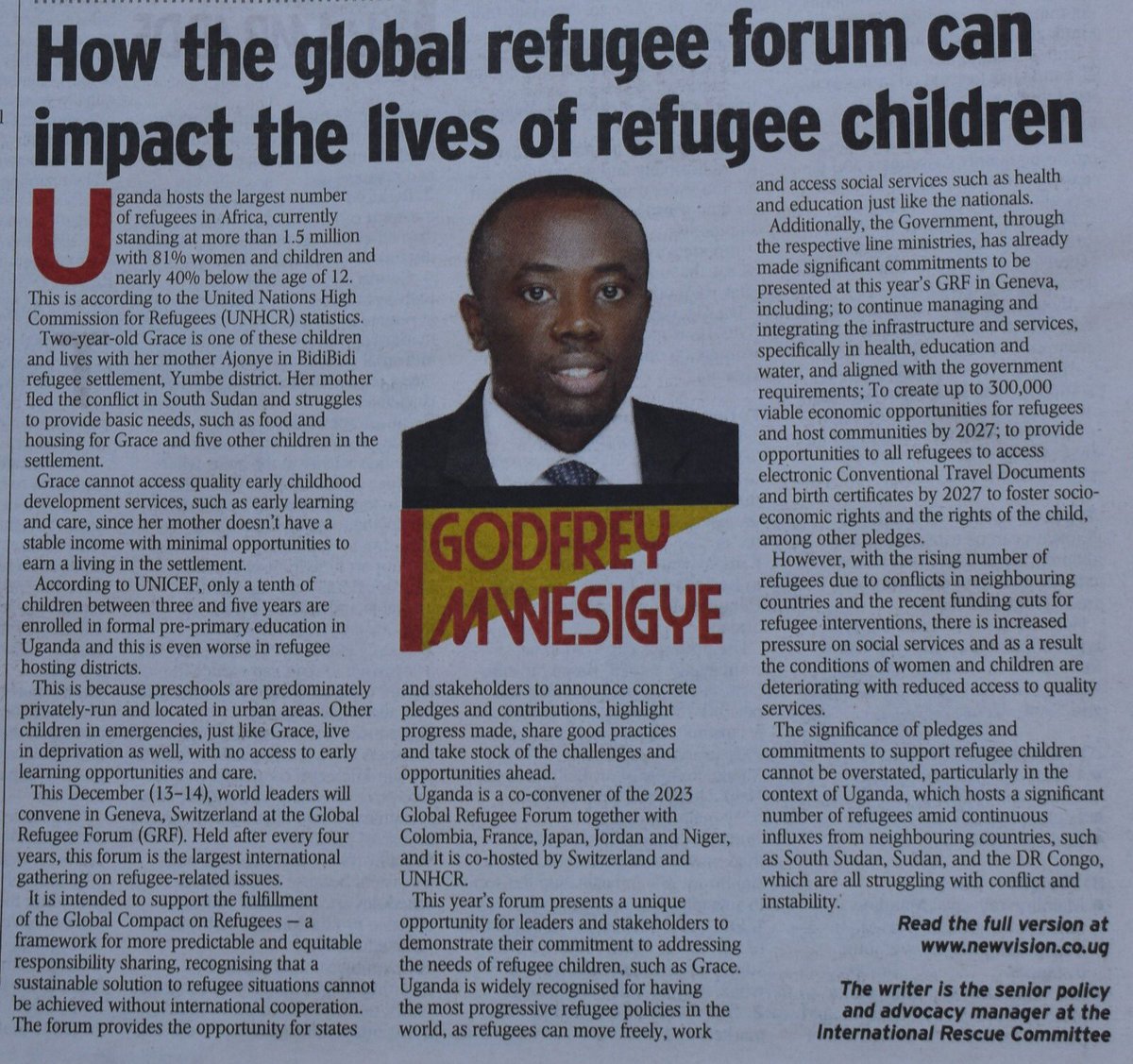 I'm happy that @newvisionwire has published my article: How the Global Refugee Forum can impact the lives of refugee children.

The #GRF2023 presents a unique opportunity for leaders & stakeholders to demonstrate their commitment to addressing the needs of refugee children.