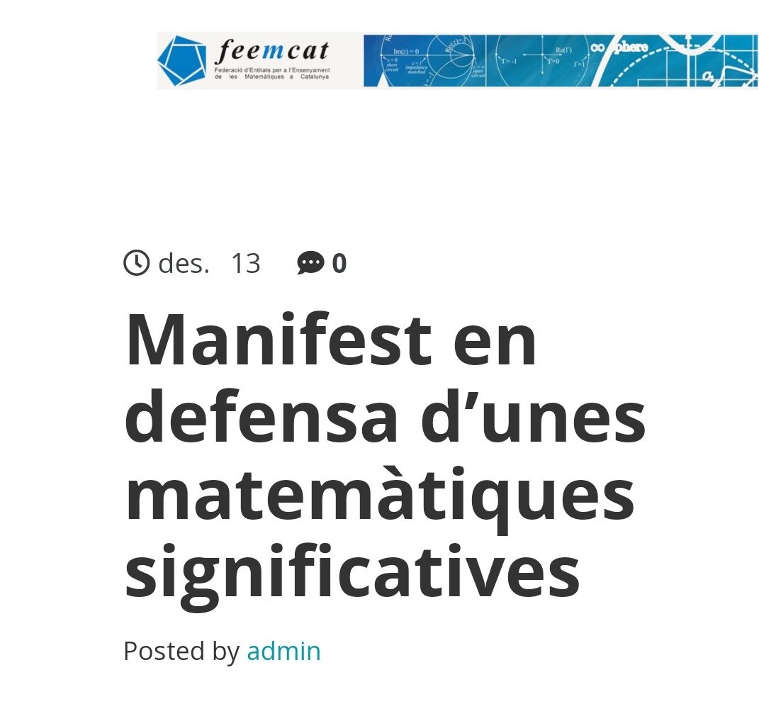 Des de FEEMCAT volem fer arribar la nostra veu en relació a què vol dir fer matemàtiques i quins factors dificulten que aquesta forma de fer arreli a les aules. 
feemcat.org/manifest-en-de…