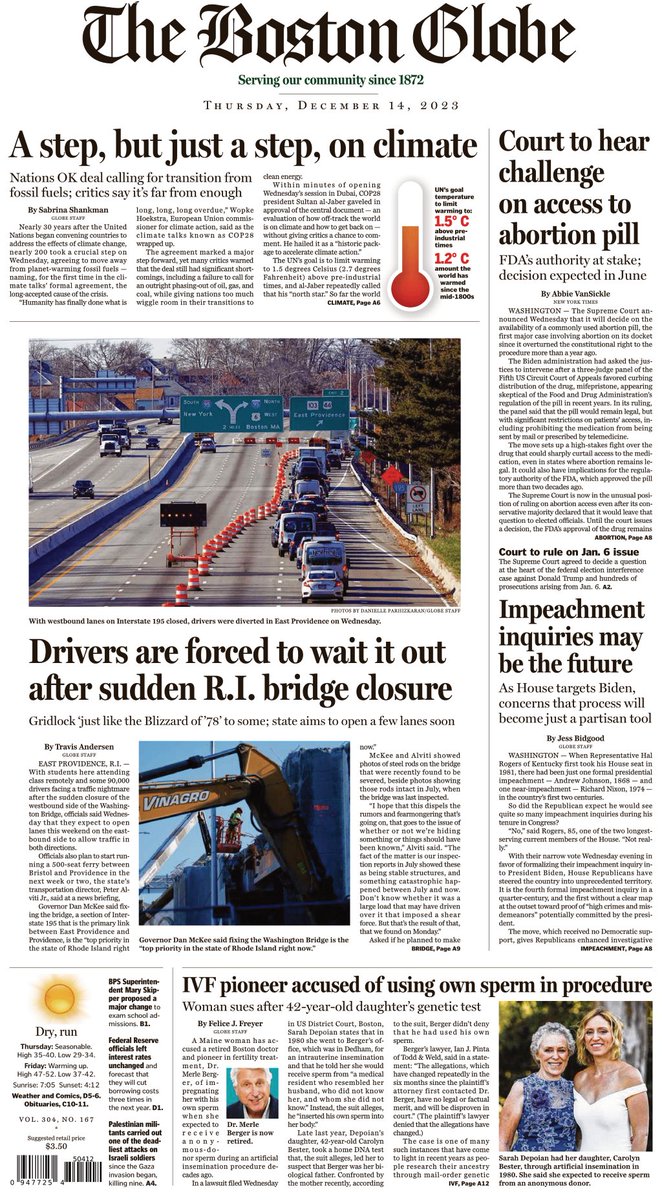 In today's paper: R.I. traffic nightmare from emergency bridge closure drags on as officials detail alternate routes; Boston fertility doctor accused of impregnating woman with own sperm instead of anonymous donor’s; and more. trib.al/cs9CGx5