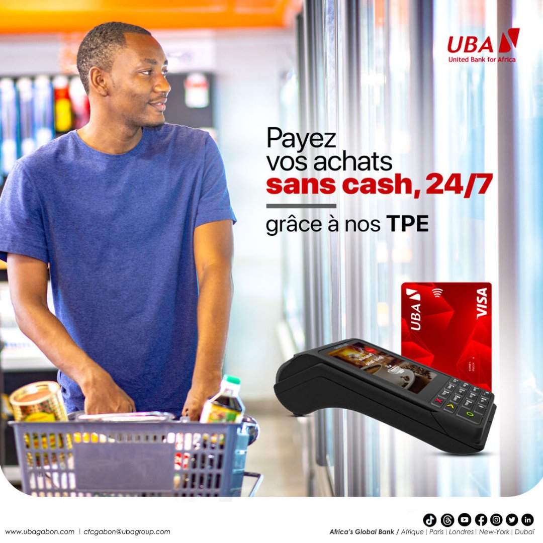 N'ayez plus de problème de #monnaie, payez via nos #TPE avec votre carte #Visa ou #MasterCard dans tous les commerces équipés de terminal de paiement électronique

#UnitedBankforAfrica #paiementsécurisé #Achats