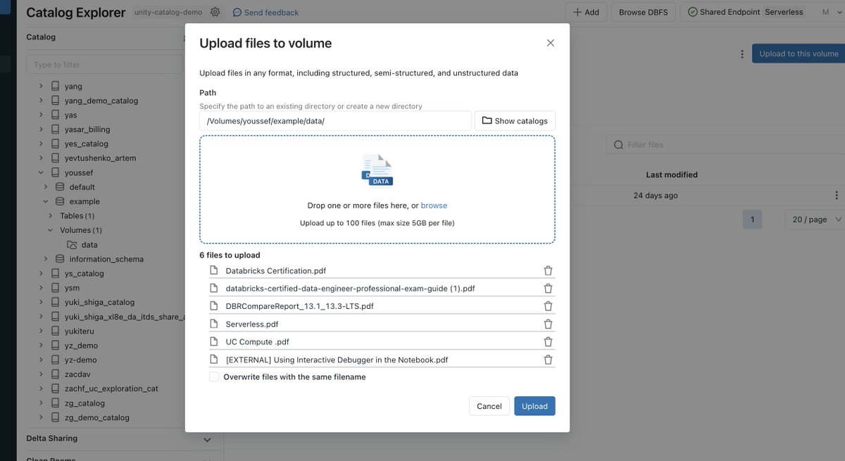 The Unity Catalog volume file upload size limit has increased to 5 GB.

Find out how to get started with Databricks Volumes : youtu.be/m9DPK9SdkxY

#Databricks #UnityCatalog