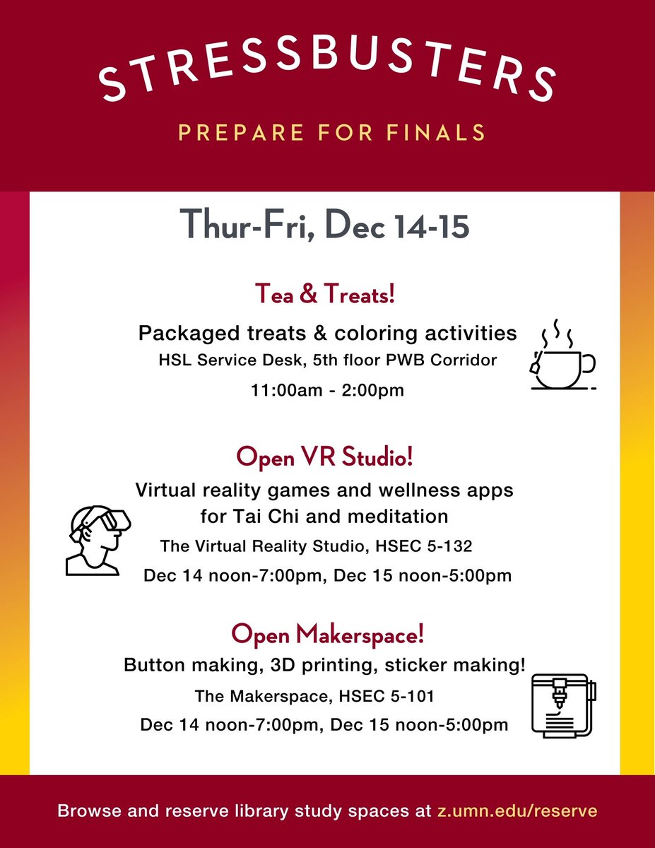 Join us today, 11:00-2:00pm for free Tea &amp; Treats and coloring activities at the HSL 5th floor service desk. And try creative making in the Makerspace, gaming in the VR Studio, and other stress relieving apps from noon-7:00pm &amp; Friday, noon-5:00pm.  pulse.ly/xkwjwhghsk