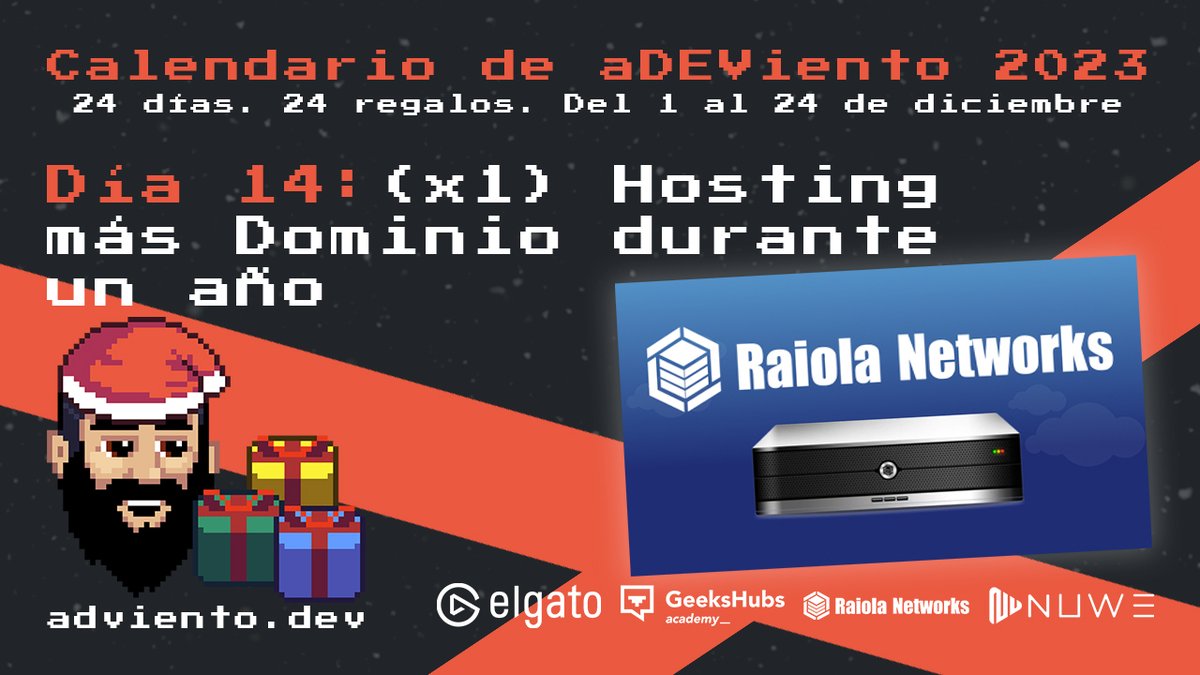 Brais Moure (@mouredev) on Twitter photo 🎁 Comienza el día 14 del #aDEViento2023!
24 días. 24 regalos para aprender programación.
Prepara tu proyecto...
(x1) Hosting elástico anual + Dominio de <a href="/RaiolaNetworks/">Raiola Networks</a>.
🔁 Sígueme y comparte para participar
🌐 Válido para todo el mundo
Toda la info en adviento.dev 🎁 Comienza el día 14 del #aDEViento2023!
24 días. 24 regalos para aprender programación.
Prepara tu proyecto...
(x1) Hosting elástico anual + Dominio de <a href="/RaiolaNetworks/">Raiola Networks</a>.
🔁 Sígueme y comparte para participar
🌐 Válido para todo el mundo
Toda la info en adviento.dev