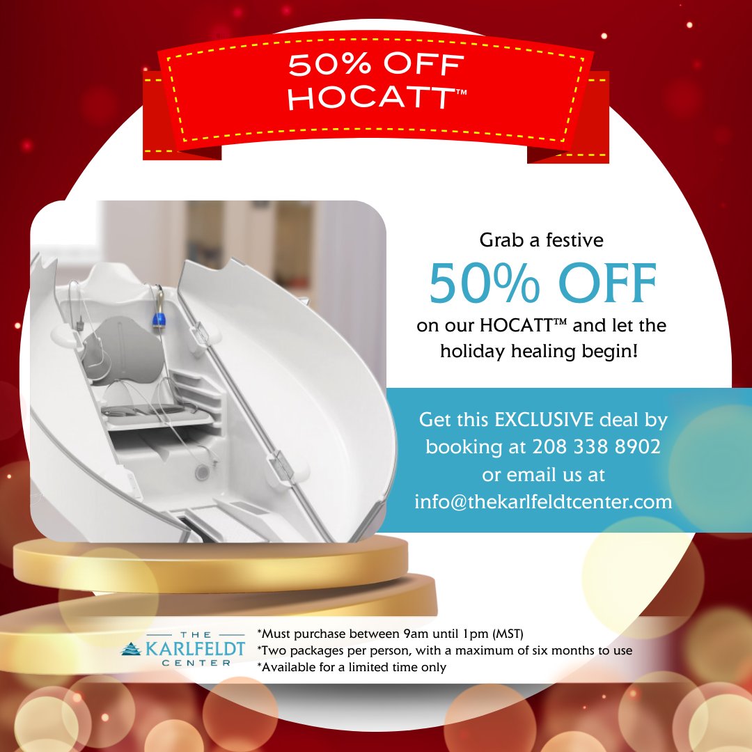 On the Tenth Day of Christmas, Santa gave to me...50% OFF HOCATT™!
📞 Contact us at 208-338-8902 to book.

*Terms and Conditions applies

#TheKarlfeldtCenter #IdahoHealth #FestiveDeals #foothbath