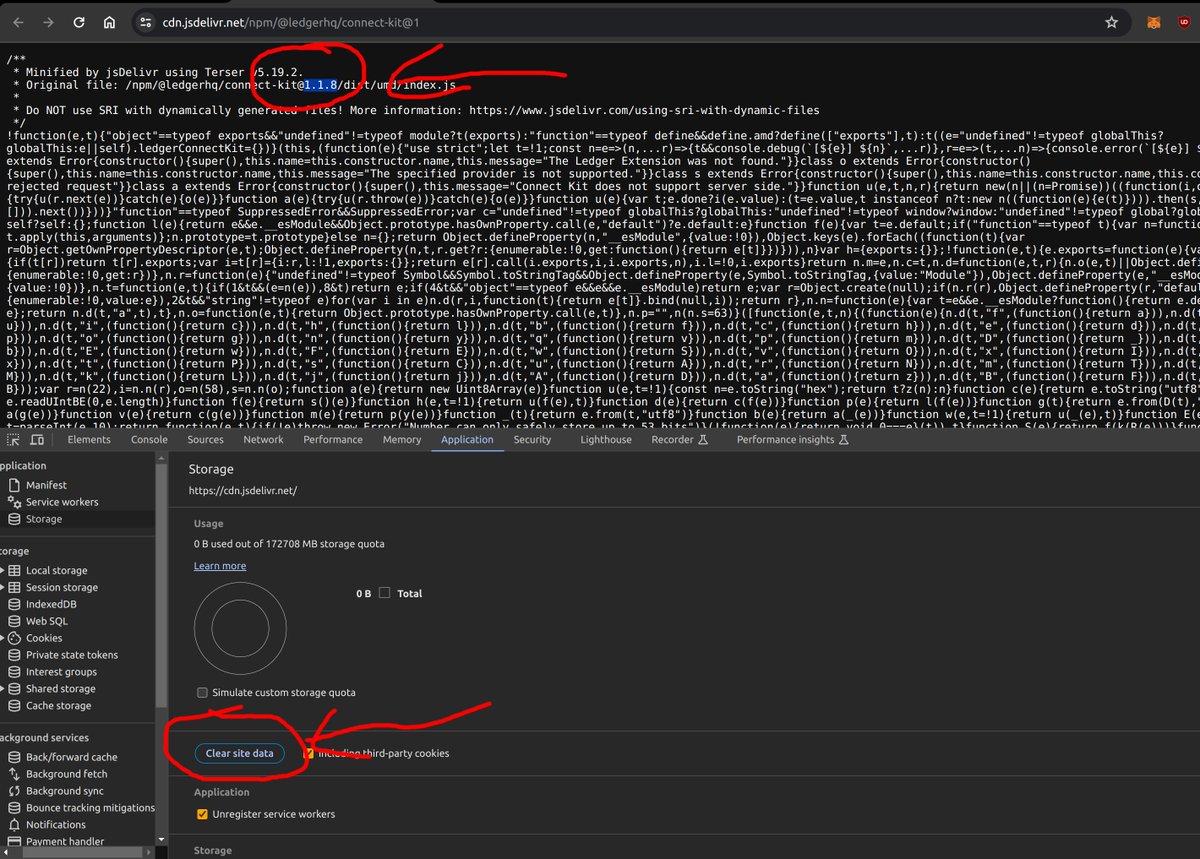 The ledger issue is now fixed. To make sure you don't have the malicious library cached, go to cdn.jsdelivr.net/npm/@ledgerhq/… and ensure the version is 1.1.8. If it's not, clear your cache. chrome- F12> Chrome Developer Tools > Application tab > Storage in left tree> Clear site data.