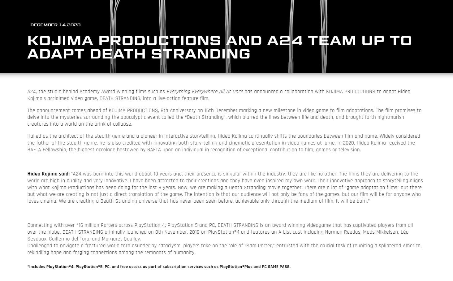 A24 to adapt Hideo Kojima's 'Death Stranding' into a movie