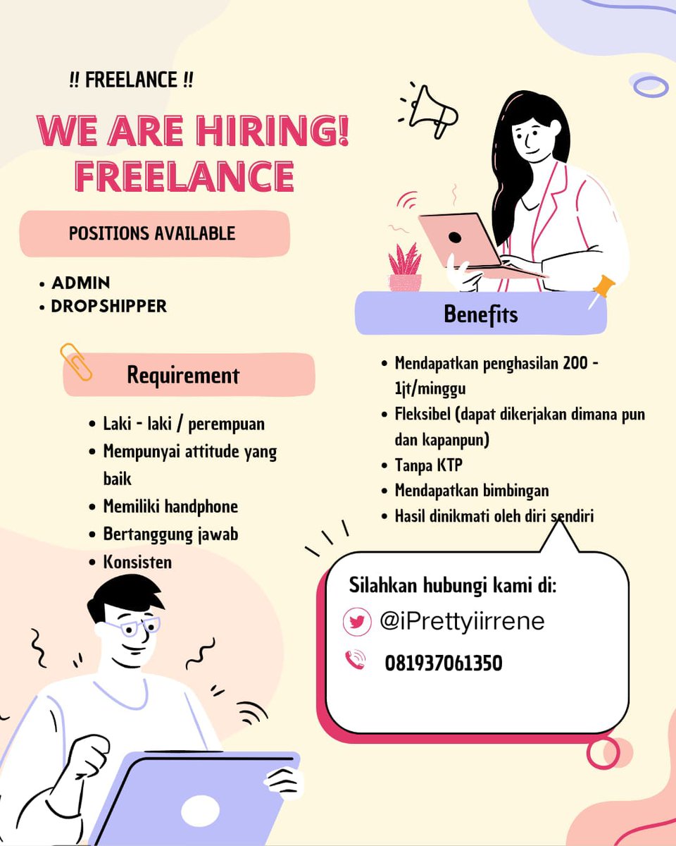 iPrettyiirrene's tweet image. ‼️ OPEN RECRUITMENT FREELANCE ‼️

posisi yang di butuhkan ::
✦ ─┄ Admin Online
✦ ─┄ Dropshipper

🖇️ Jam kerja Fleksibel, WFH
🖇️ Cocok untuk pelajar, mahasiswa, ibu rumah tangga, dll.
🖇️ Tidak memerlukan download apk apapun

PENGHASILAN 200-1JT/MINGGU.
#zonajajan #zonauang️
