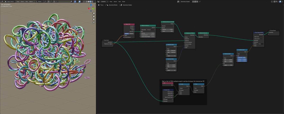 How to export #b3d Geometry Nodes to @glTF3D with vertex colors: 1. Use [Realize Instances] to bake geo nodes to geometry 2. After that, use [Set Named Attribute] to apply vertex colors per instance Also works with the Needle Add-On for Blender of course!