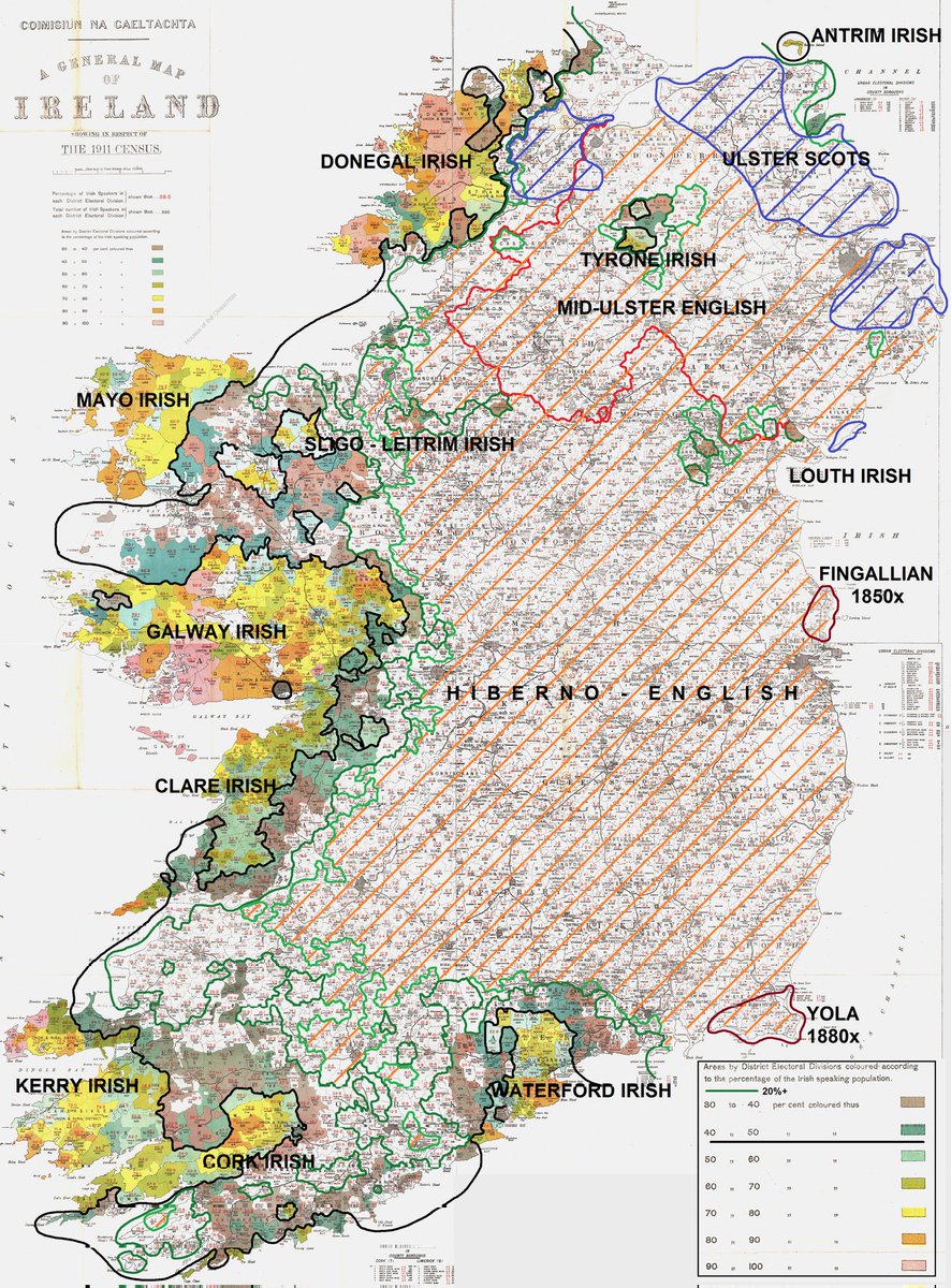 1901 #Ireland Language Map 🗺
🔗opac.oireachtas.ie/Data/Library7/…

🟢10%+ #Irish/#Gaeilge/#Gaelic 🇮🇪
⚫️50%+#Gaeilge 🇮🇪
🟠Predominantly #English 🏴󠁧󠁢󠁥󠁮󠁧󠁿
(1500+)
🔵#UlsterScots 🏴󠁧󠁢󠁳󠁣󠁴󠁿 (1600+)
🔗online.fliphtml5.com/ysnpt/juub/#p=1
🟤AngloNorman #Yola/#Fingallian extinct (1100s-1800s+)

🟥 1921 #NorthernIreland