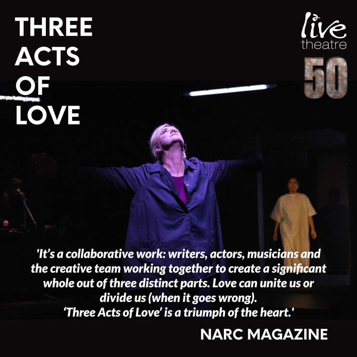 There are only 4 more chances to see #ThreeActsOfLove our final main stage production of our 50th birthday year! End this Sat 16 Dec.  Don't miss this trio of short plays with music exploring that complex emotion ❤️❤️❤️
Get your tickets asap at bit.ly/3BD9iul